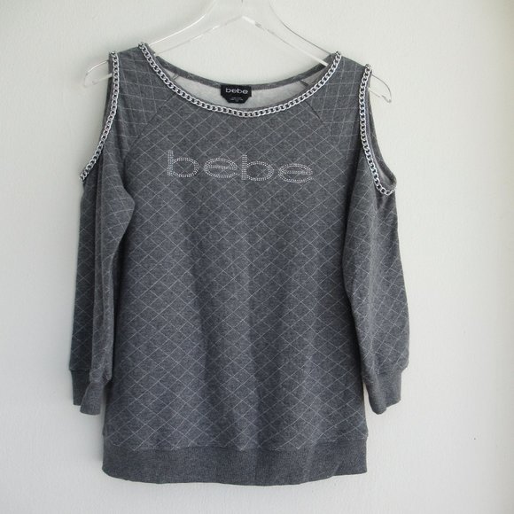 Bebe Women's Cold Shoulder Embellished Logo Sweatshirt Size S Gray Silver Chain - Picture 1 of 10